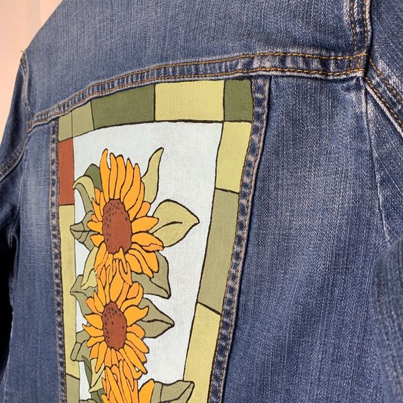 Sunflower Denim Jacket Hand Painted Country Girl Cottagecore Chic Autumn - Picture 7 of 13